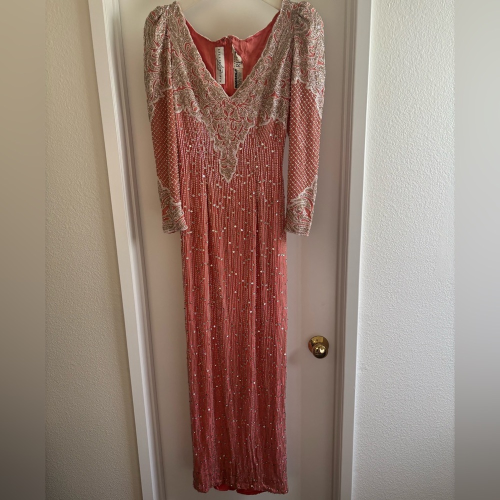 Lillie Rubin Pink Sequin Embellished Gown with Bishop Sleeves